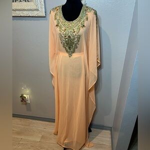 Elegant Peach Beaded Kaftan Dress